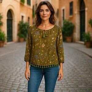 New Sadie Sage Womens Small Brown Floral Balloon Sleeve Tassel Blouse Top Size S